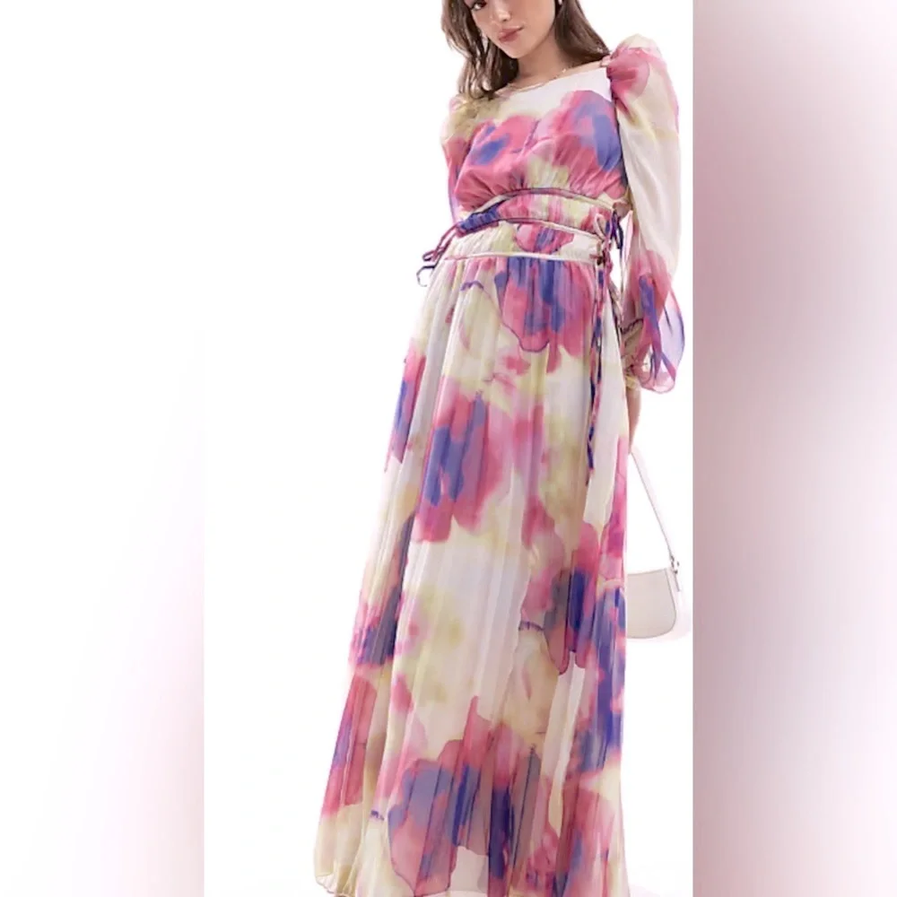 ASOS DESIGN Long Sleeve Pleated Drawstring Bodice Maxi Dress Watercolor Chiffon - Picture 1 of 10